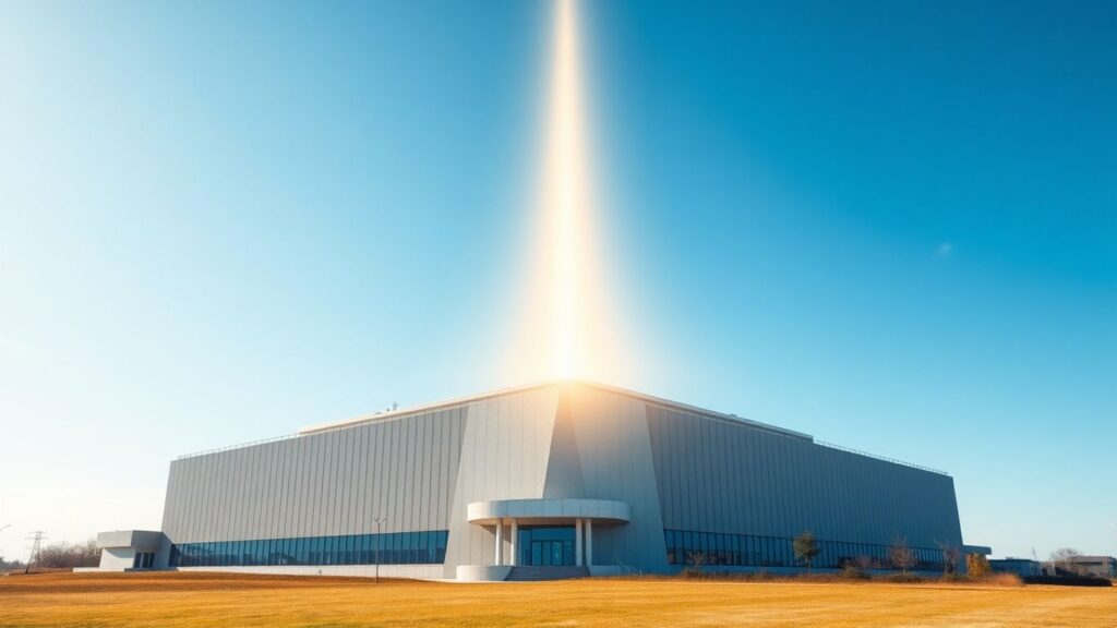 Nuclear reactor building with upward light beam.