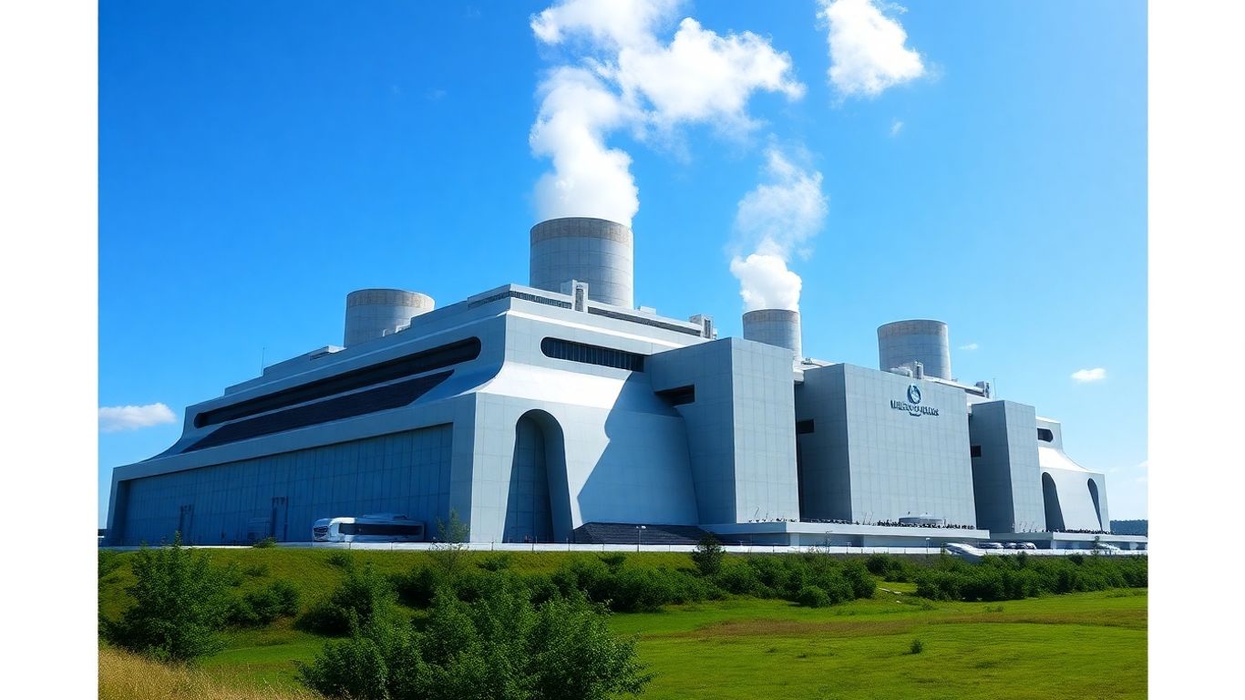 Modern nuclear reactor building with cooling towers.