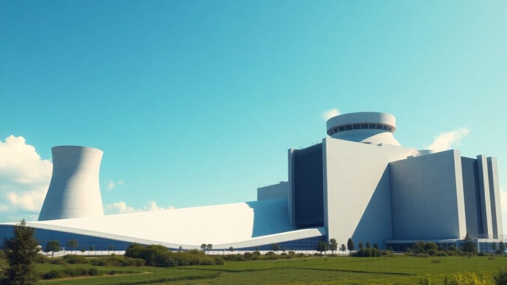 Modern nuclear reactor building with cooling towers.