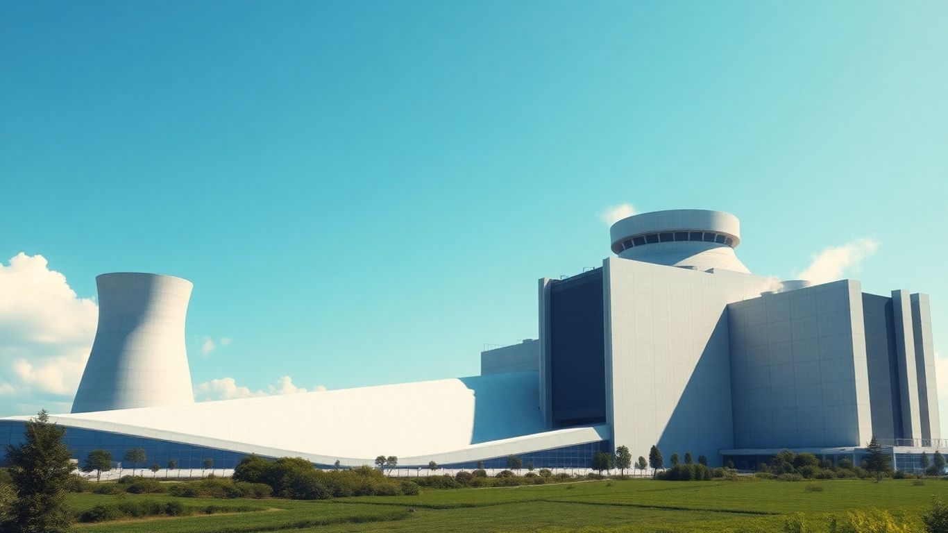 Modern nuclear reactor building with cooling towers.