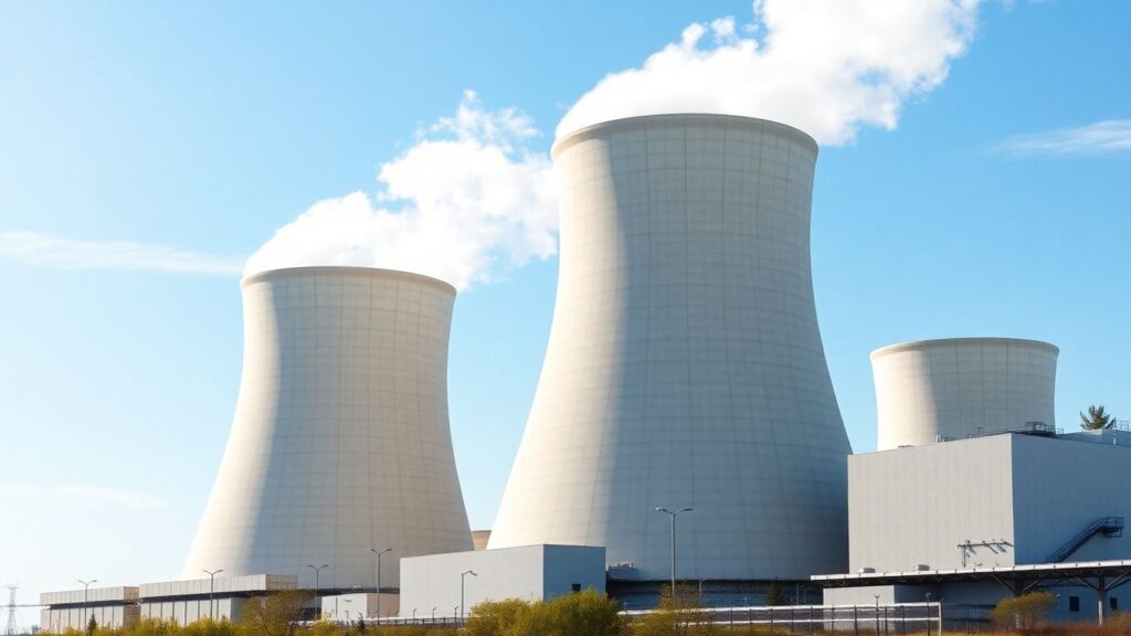 Nuclear power plant with steam rising into the sky.