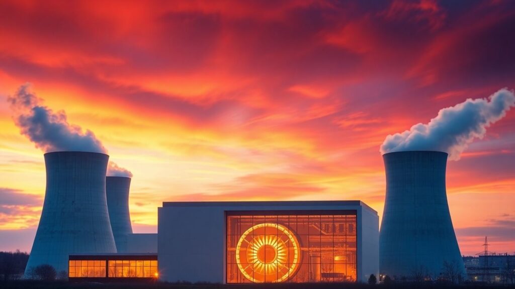 Nuclear power plant glowing at sunset.