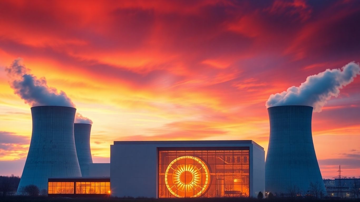 Nuclear power plant glowing at sunset.