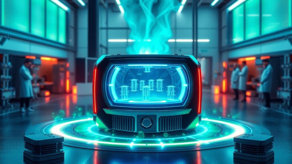 Futuristic microreactor in modern laboratory glowing with energy
