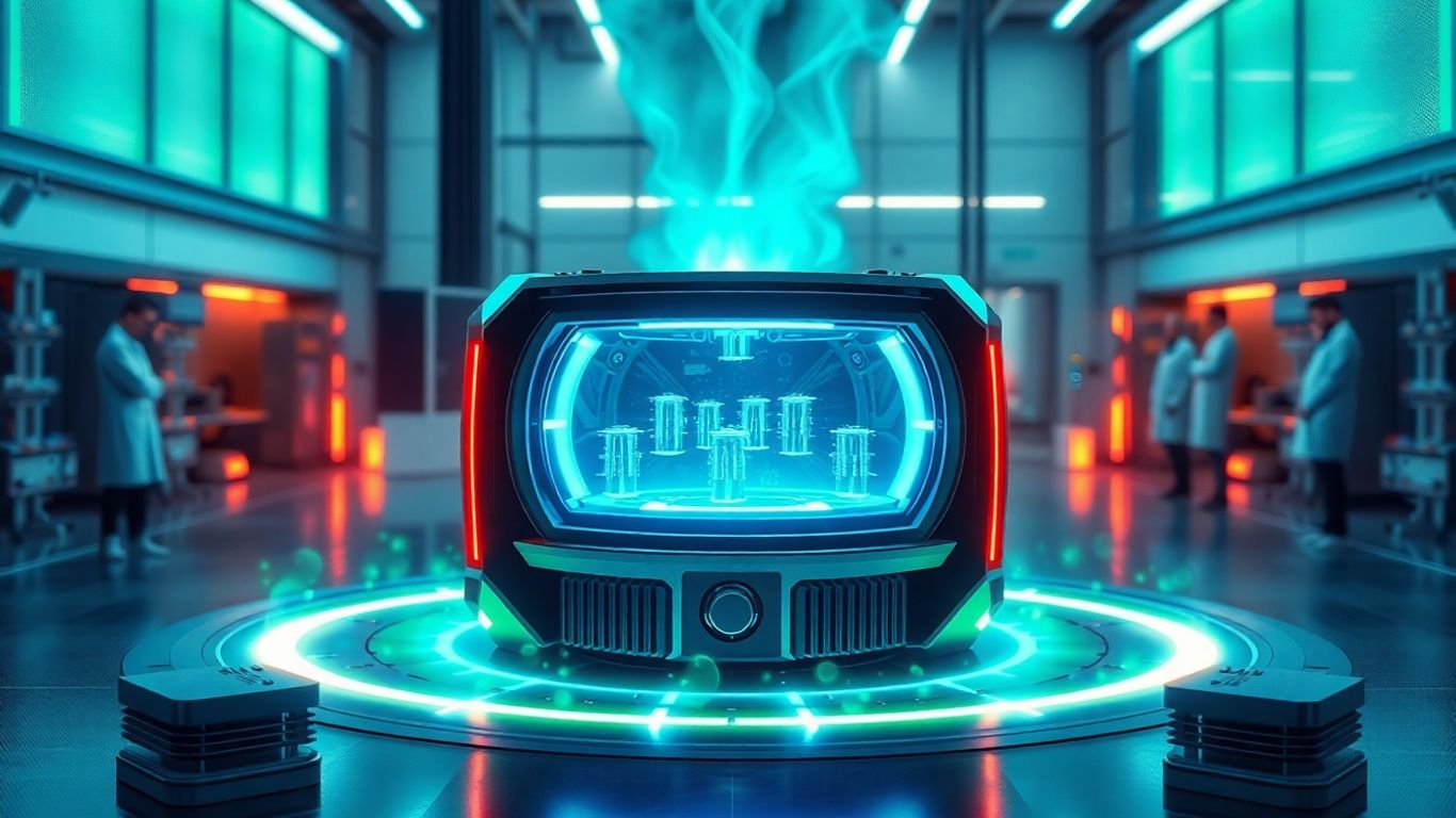Futuristic microreactor in modern laboratory glowing with energy