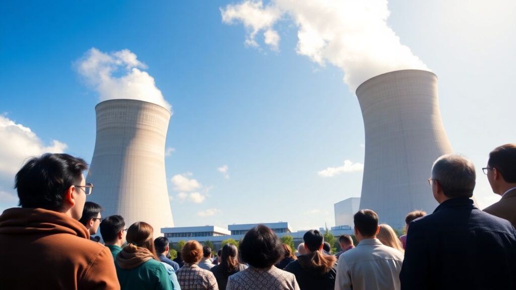 People looking at a nuclear power plant together.