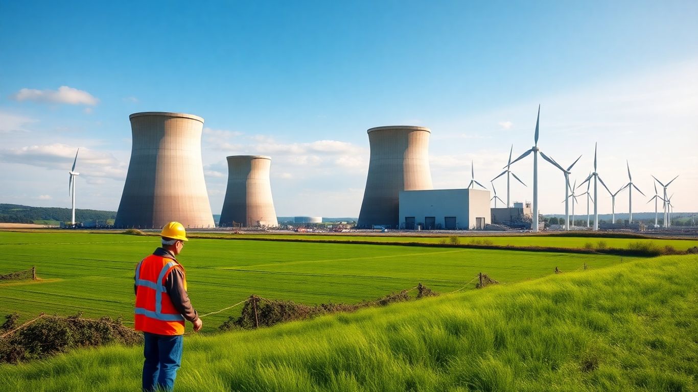 Modern UK nuclear plant with wind turbines and workers