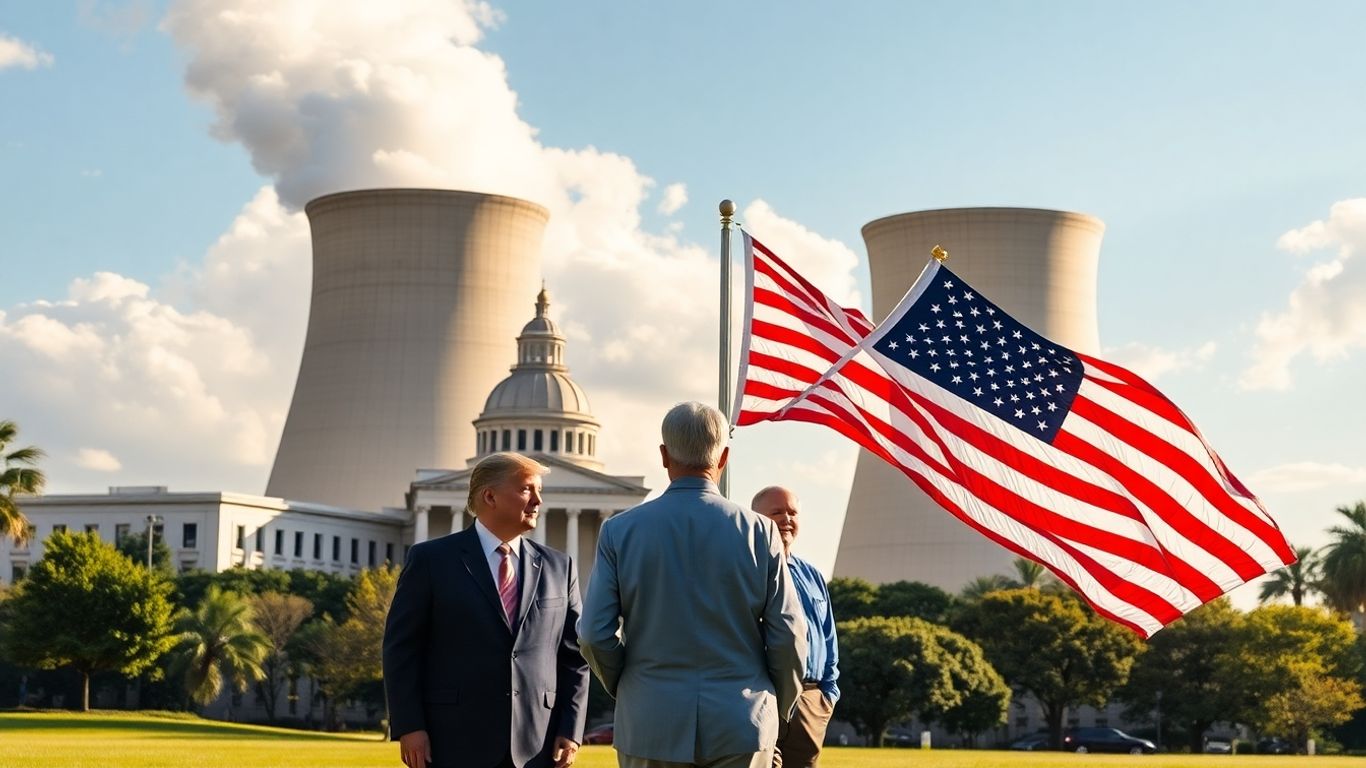 Texas and Florida leaders in front of nuclear cooling towers