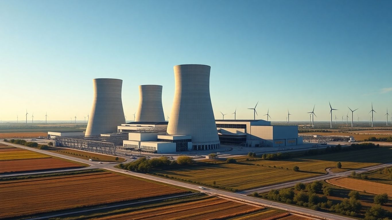 Futuristic nuclear plant in Texas landscape