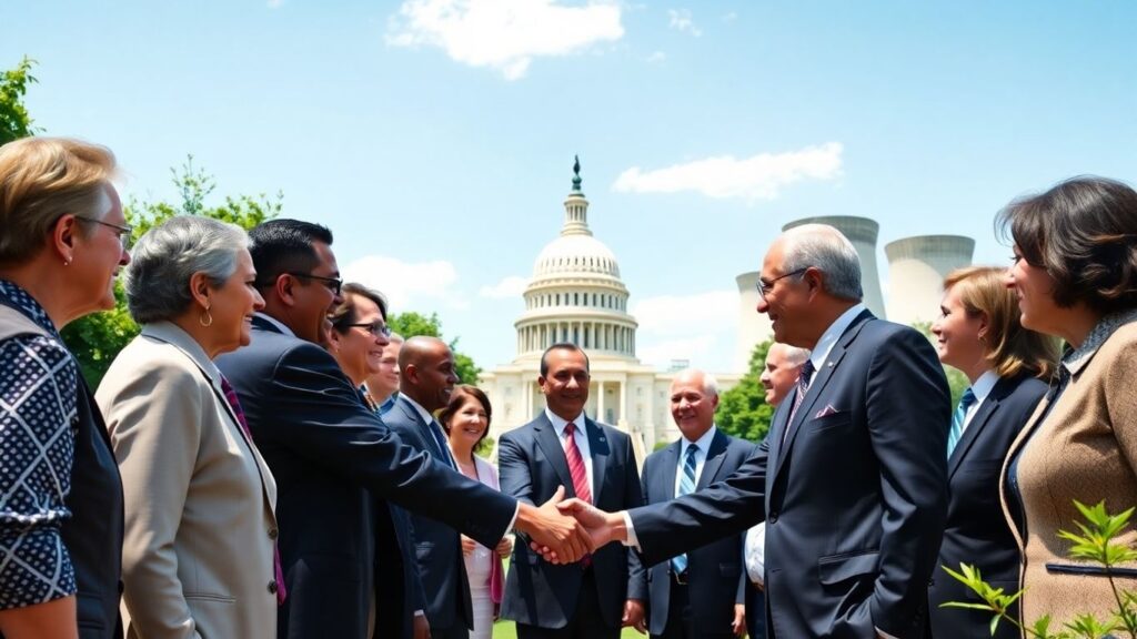 Politicians shake hands near Capitol with nuclear cooling towers.
