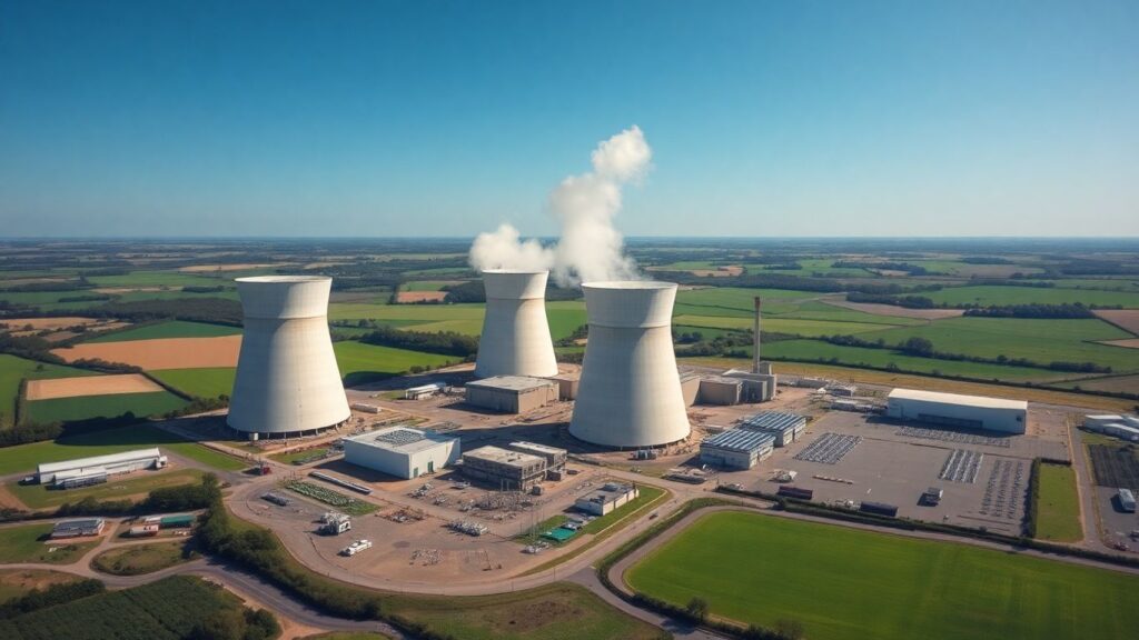 UK nuclear power plant with steam and green fields