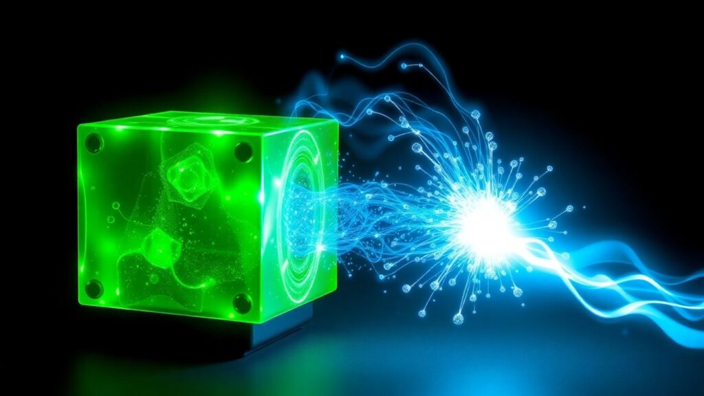Nuclear waste transforming into clean energy beam.