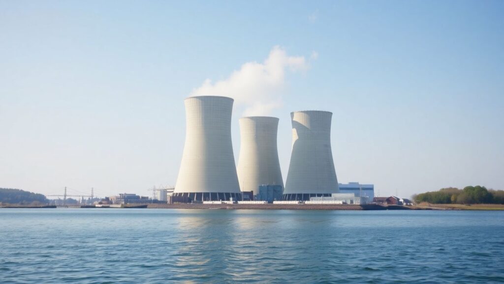 Palisades Nuclear Plant cooling towers and water reflection.