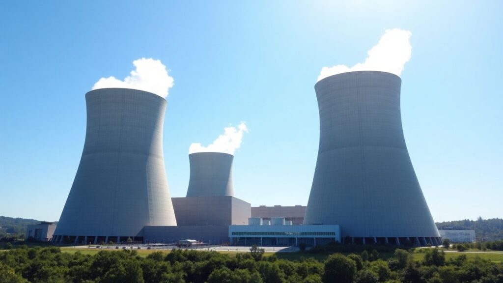 Modern nuclear power plant with cooling towers against blue sky.