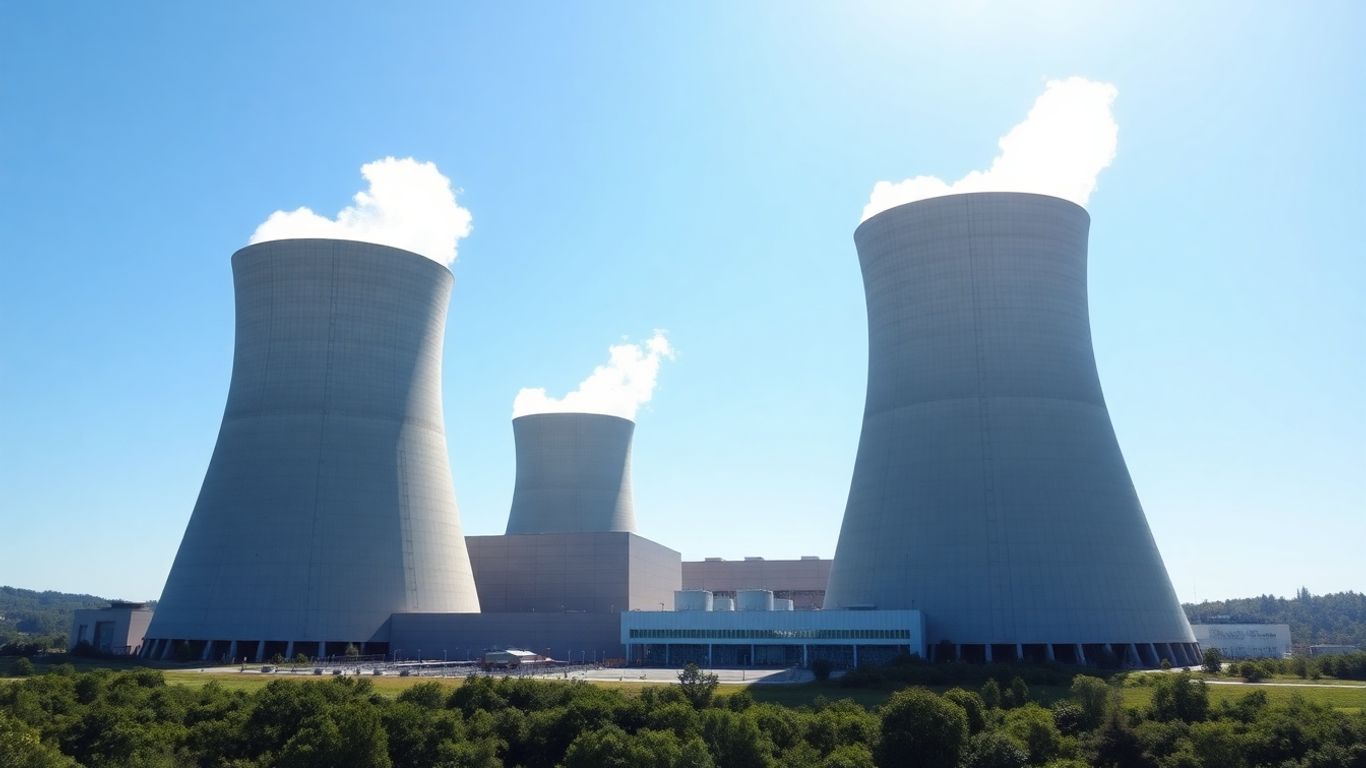 Modern nuclear power plant with cooling towers against blue sky.
