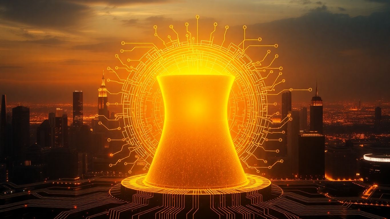 Nuclear reactor core with digital circuits and city skylines.