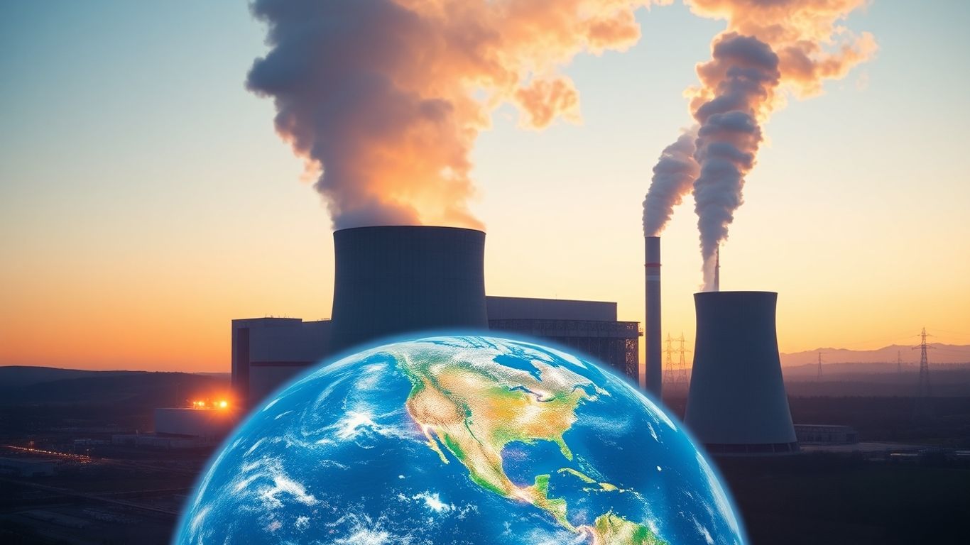 Nuclear power plant glowing, powering a vibrant Earth.