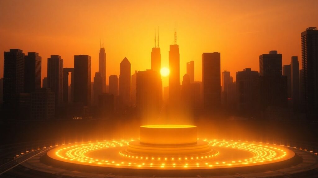 Nuclear power plant with city skyline and upward trend.