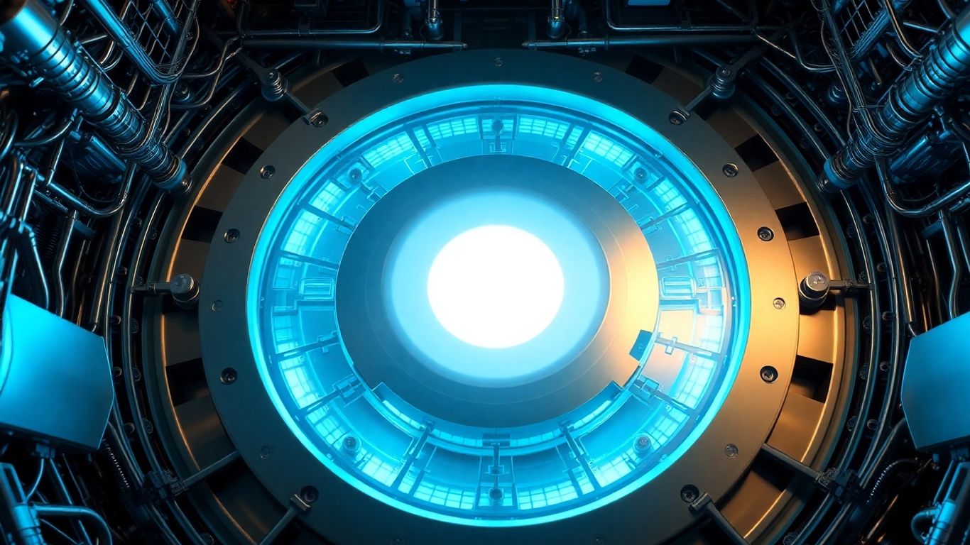 Advanced nuclear reactor core glowing blue with intricate metallic components.
