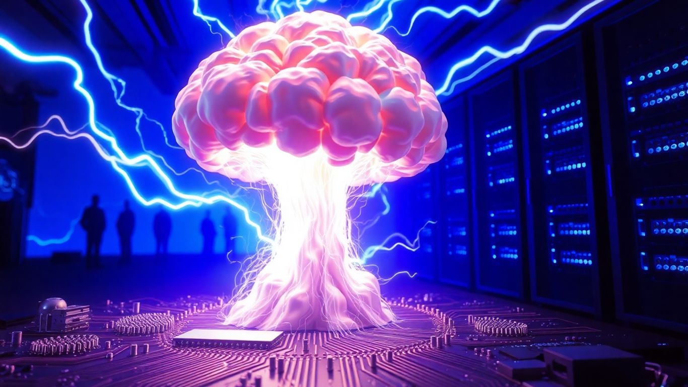 Big Tech's AI energy demands visualized as a nuclear mushroom cloud.