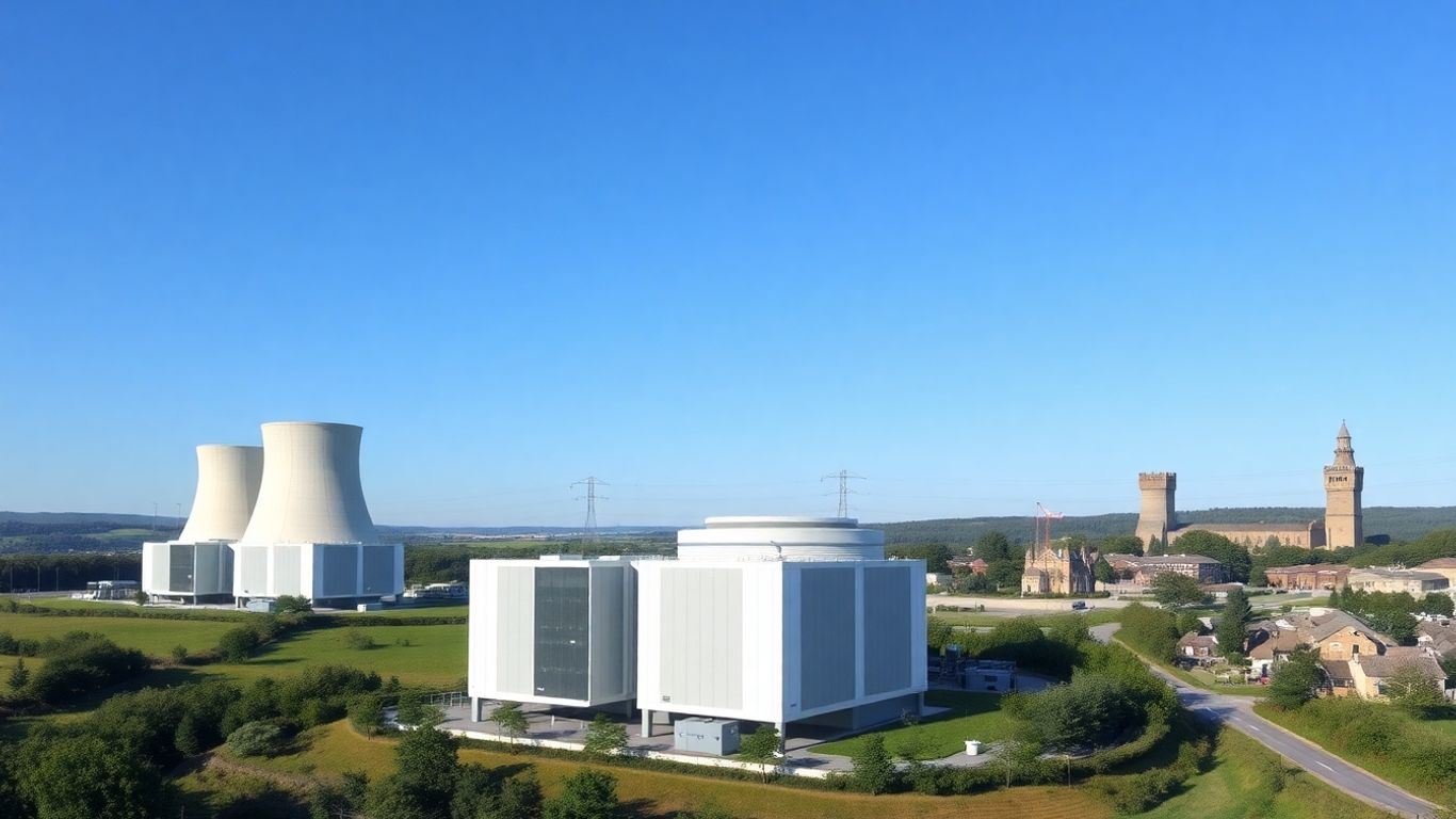 Small modular reactors in UK, Czechia, and Ontario landscapes.