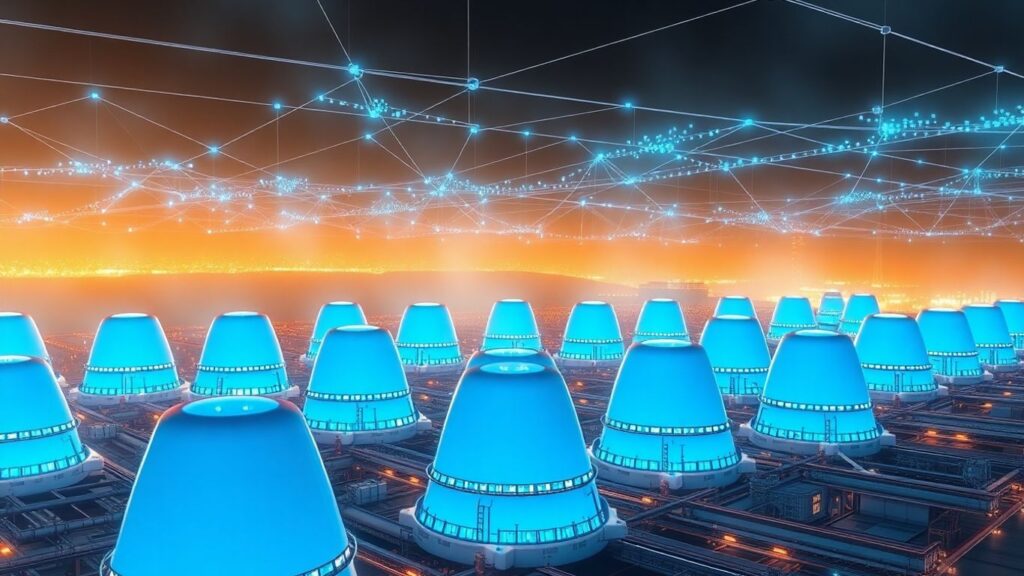 Futuristic nuclear power plant with AI energy grid.
