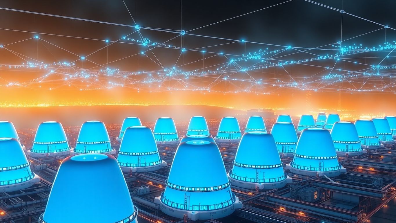 Futuristic nuclear power plant with AI energy grid.