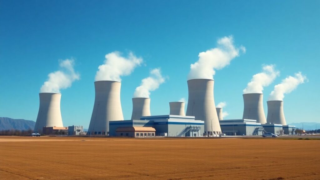 Nuclear power plant with steam rising.