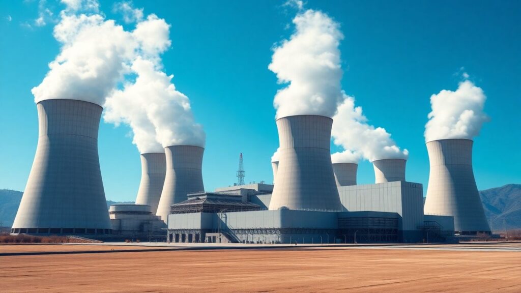 Nuclear power plant with steam rising.