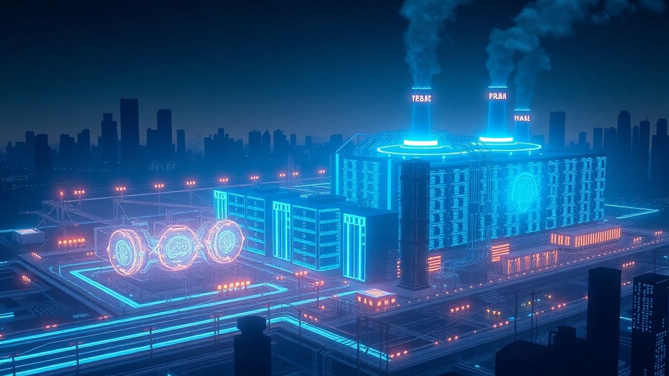 Nuclear power plant fueling AI servers and circuits.