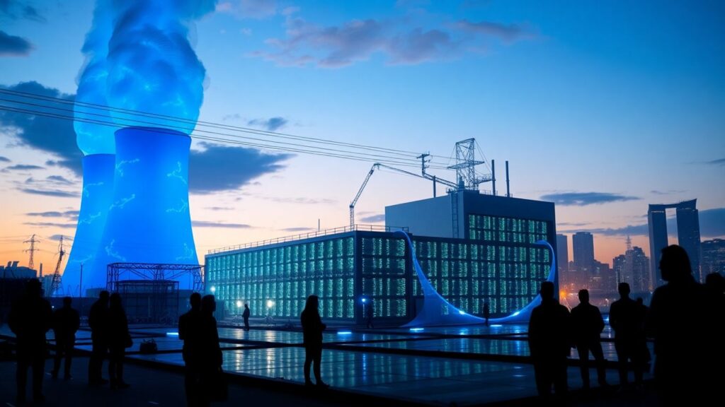 Nuclear power plant fueling AI servers with blue energy streams.