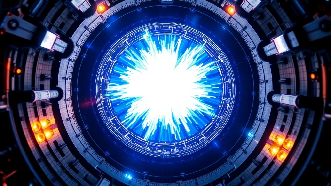 Glowing plasma vortex in a futuristic fusion reactor.