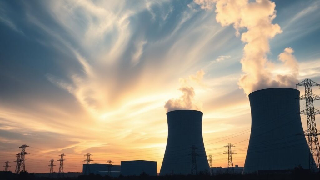 Nuclear power plant with cooling towers and advanced reactors.