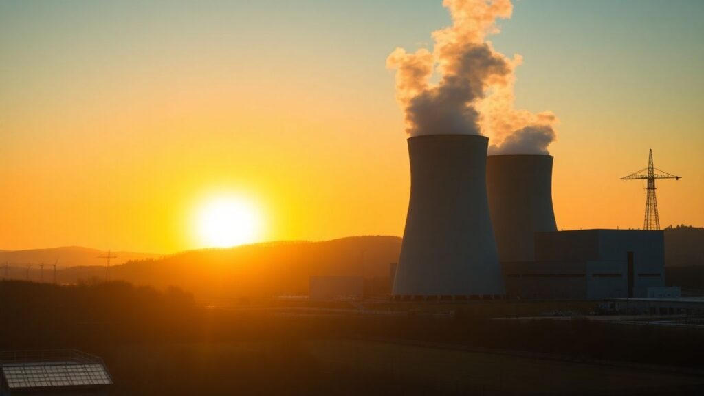 Nuclear power plant with cooling towers at sunset.