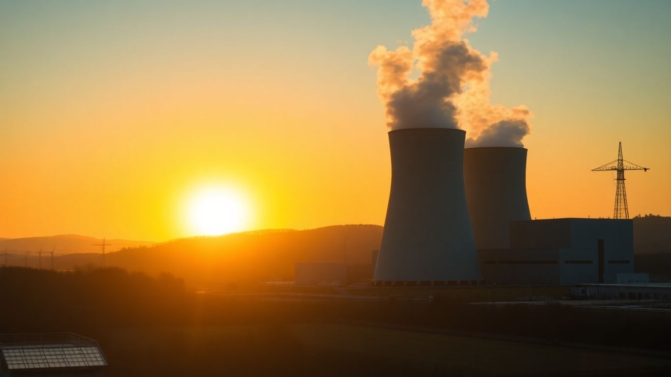 Nuclear power plant with cooling towers at sunset.