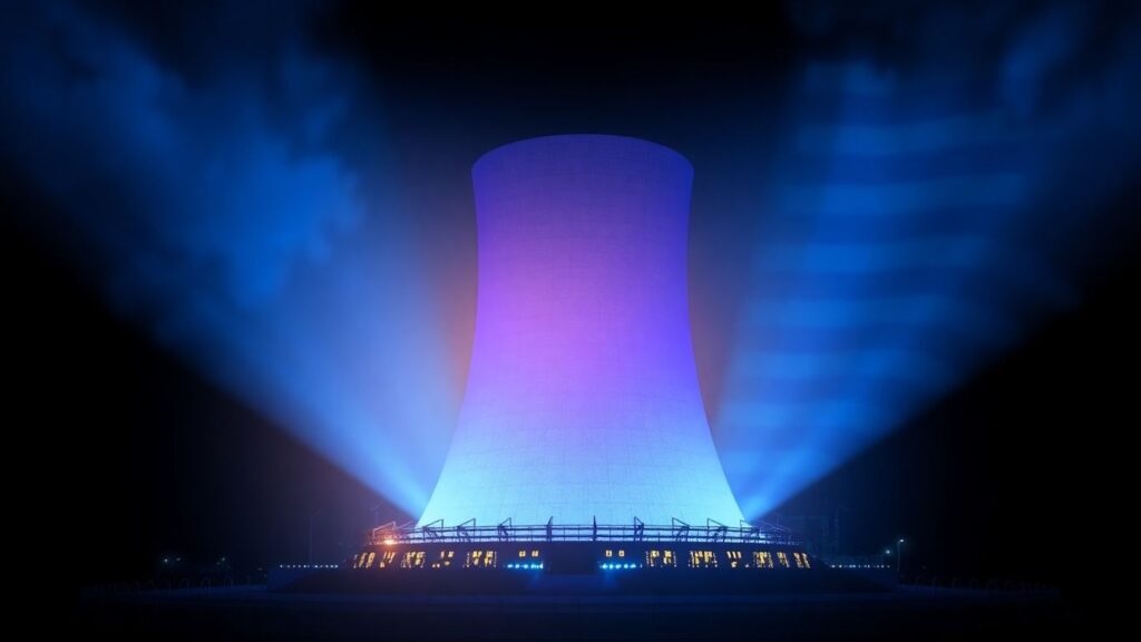 UK and US flags merge behind glowing nuclear reactor core.