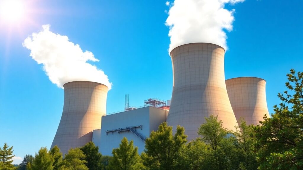 Nuclear power plant with cooling towers against blue sky.