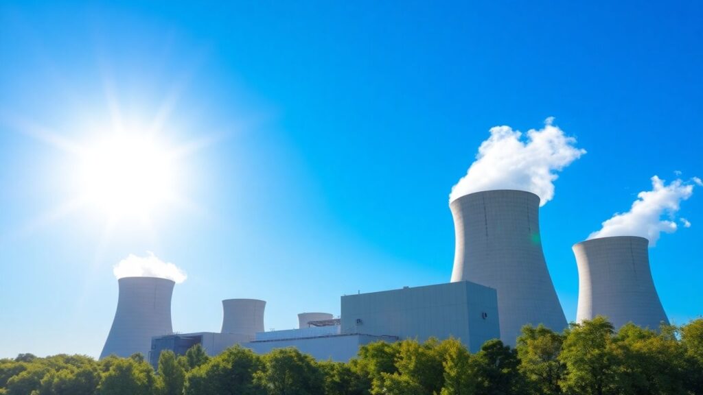 Nuclear power plant with cooling towers against blue sky.