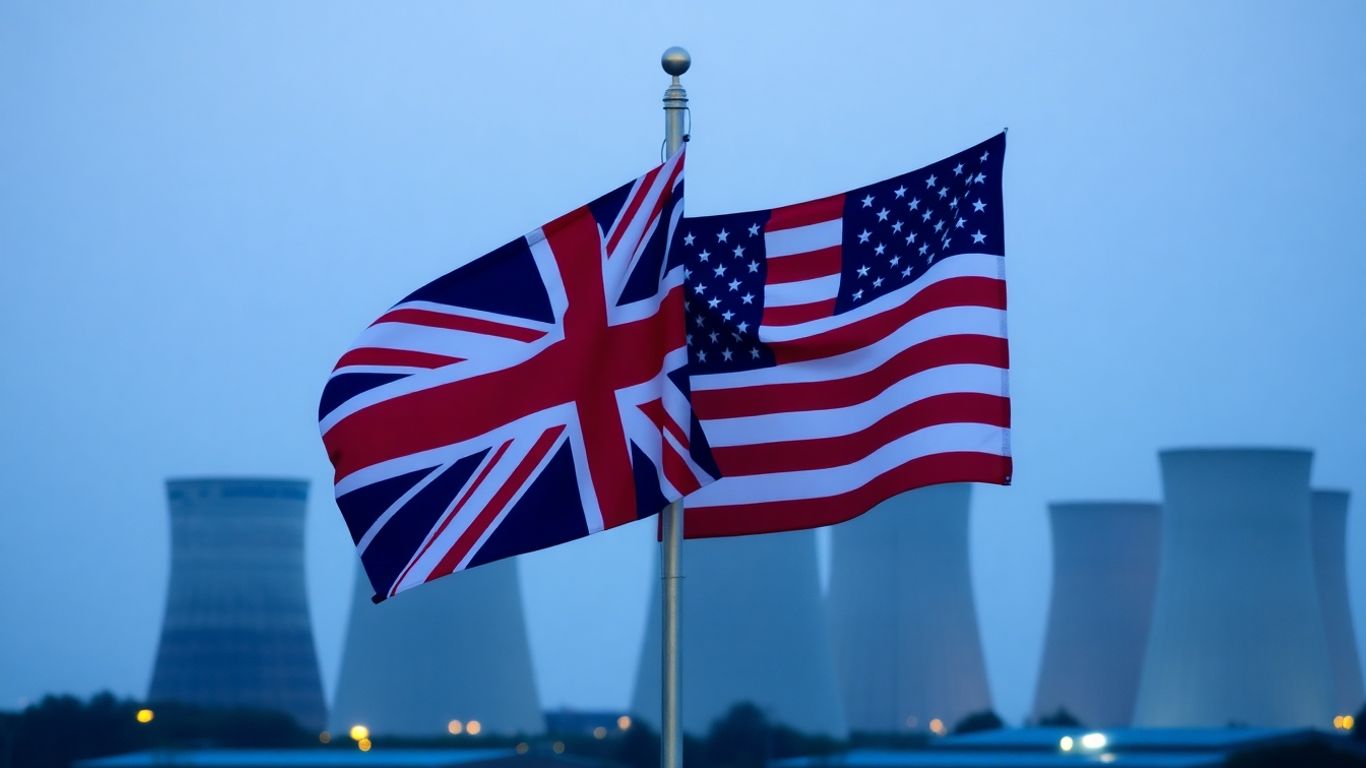 UK and US flags with nuclear power plant