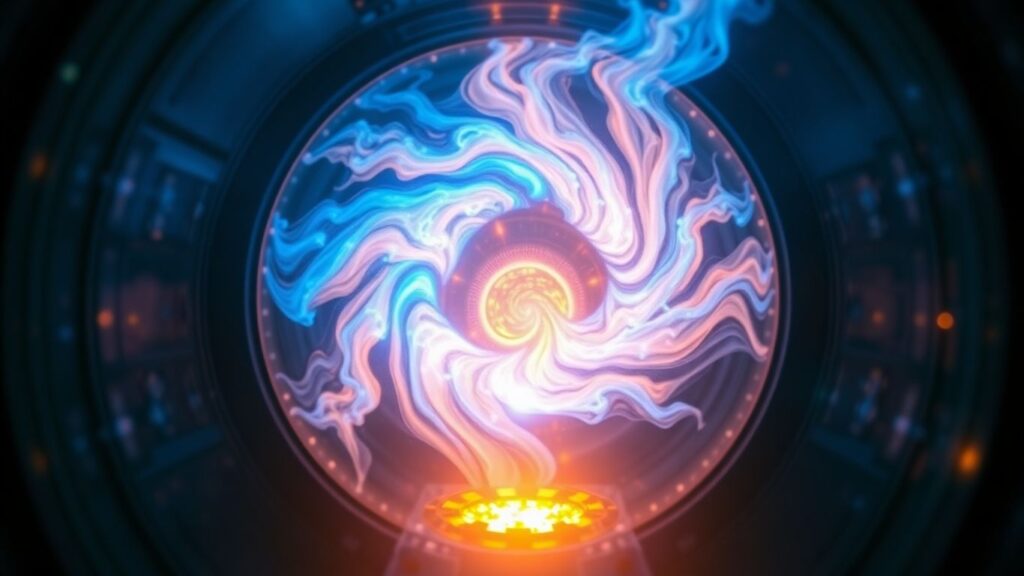 Swirling plasma energy in a futuristic fusion reactor.