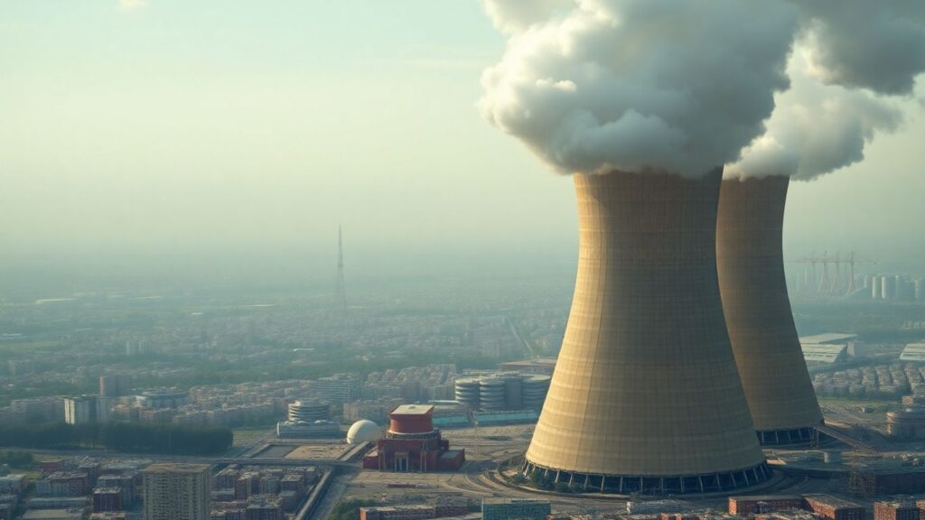 Nuclear power plant glowing with immense energy.