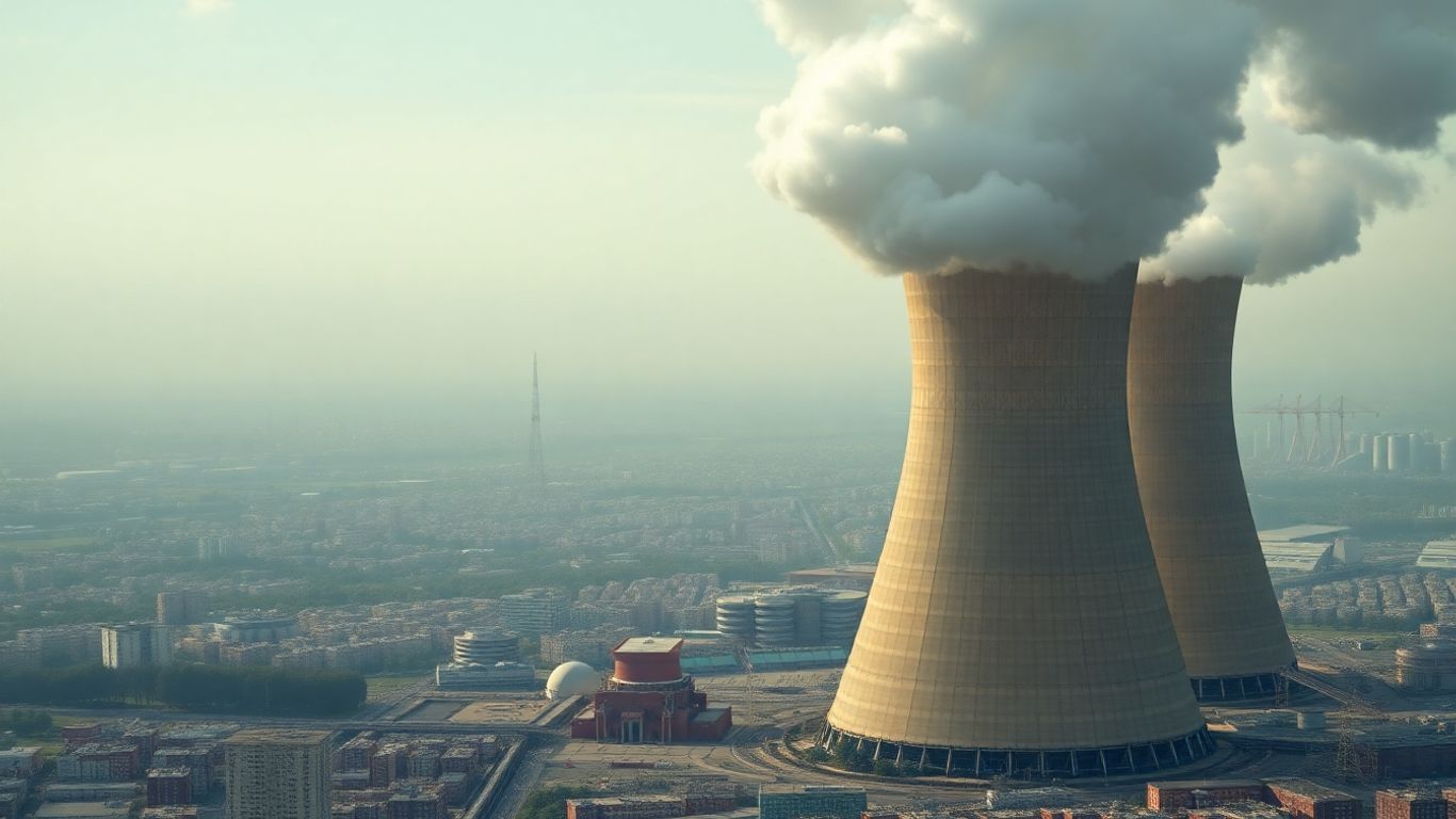 Nuclear power plant glowing with immense energy.