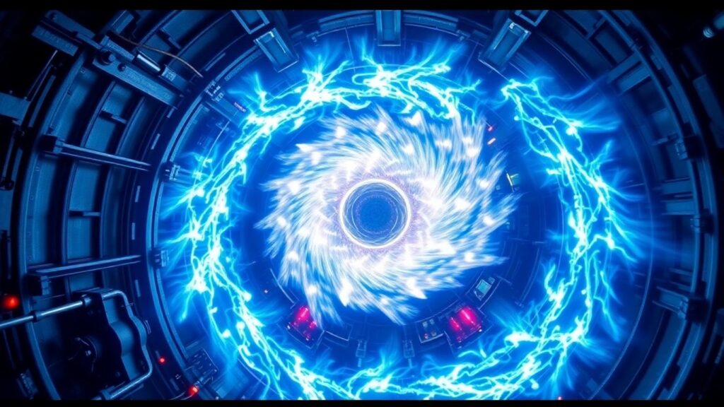 Glowing plasma torus inside a fusion reactor.