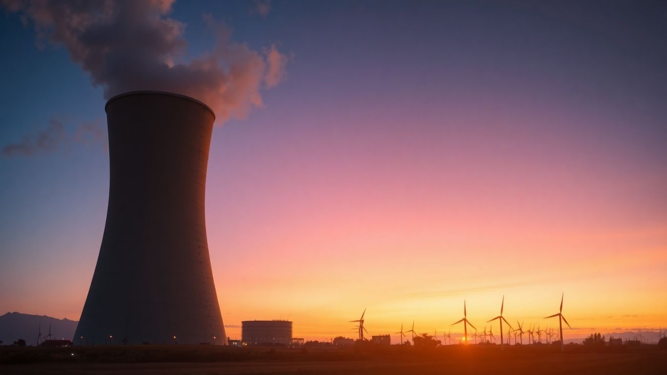 Nuclear power plant with AI elements and renewable energy.