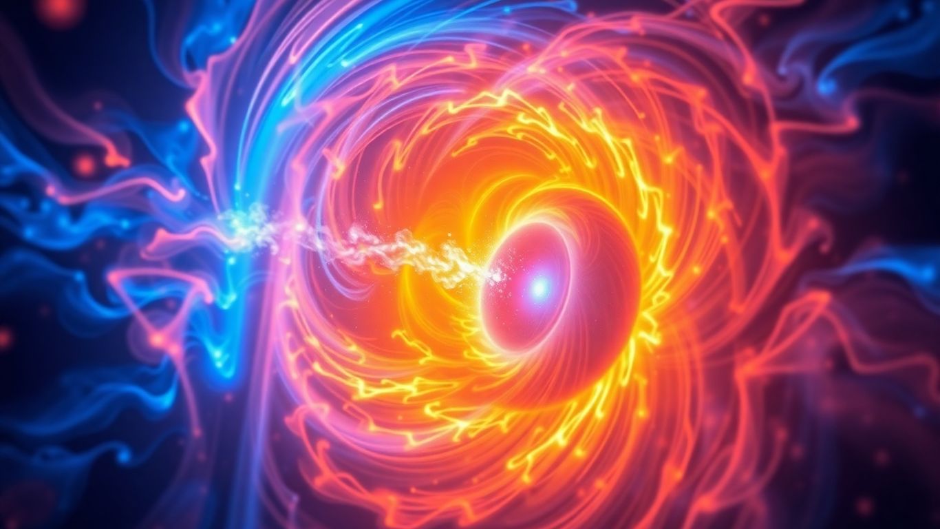 Abstract visualization of a fusion energy reaction.