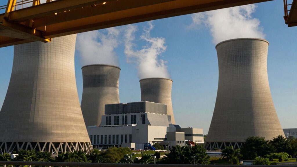 Nuclear power plant with cooling towers against a blue sky.