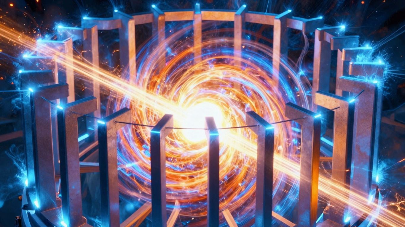 Abstract visualization of a fusion energy reaction.