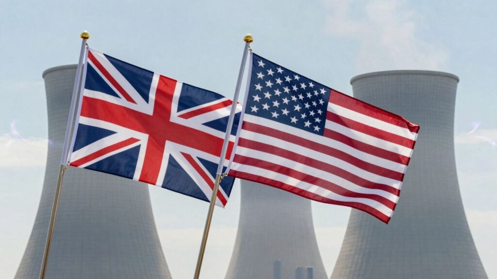 UK and US flags with nuclear power plant silhouette.