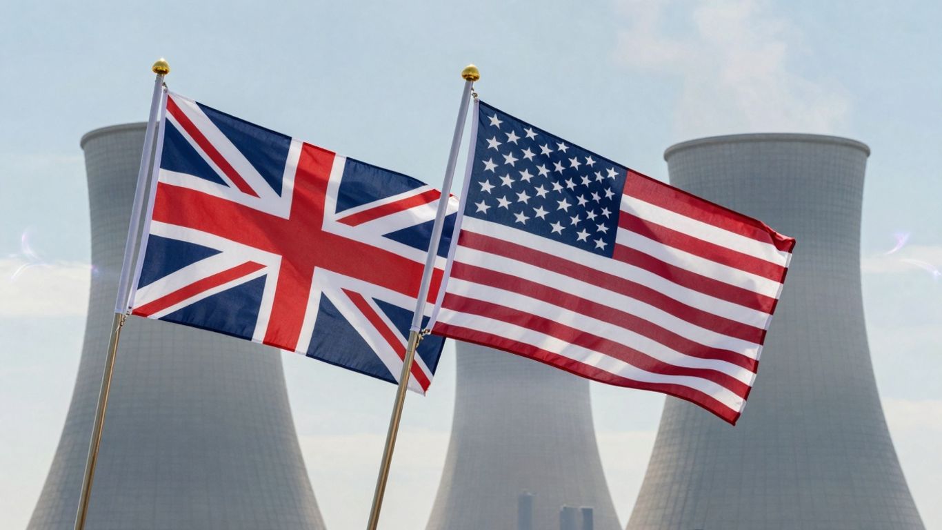UK and US flags with nuclear power plant silhouette.