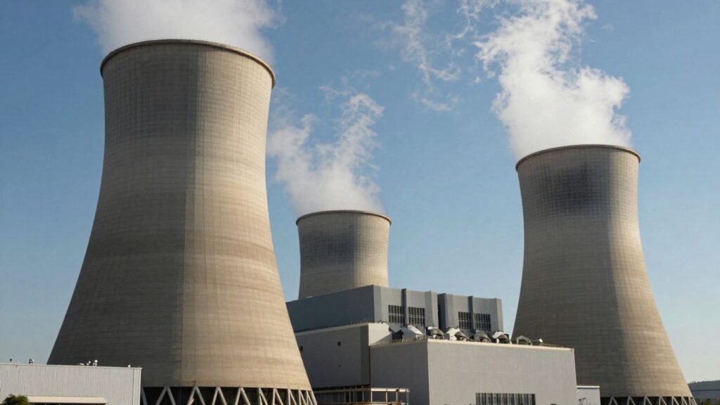 Nuclear power plant with steam rising into the sky.